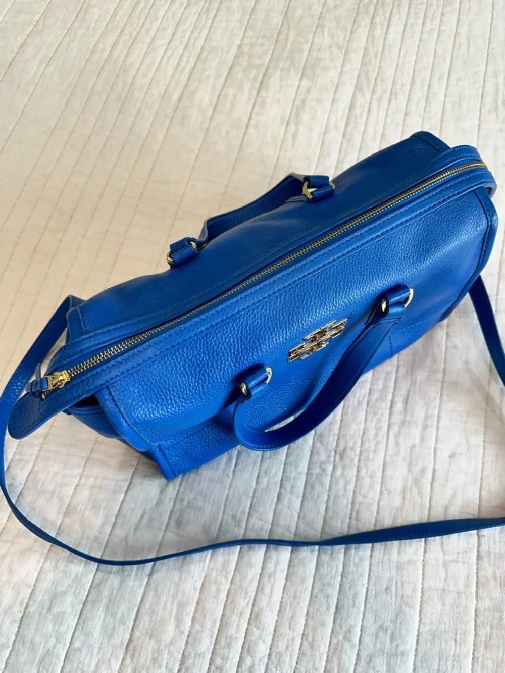 Tory Burch Electric Blue Pebbled Leather Crossbody Satchel - Picture 2 of 12